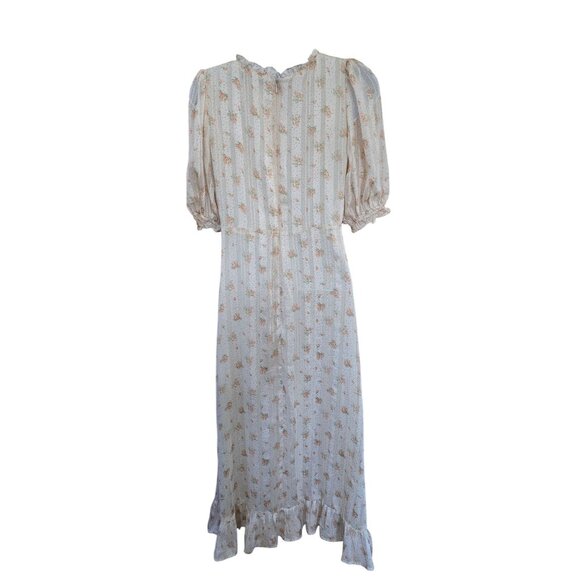 Floral Puff Sleeve Maxi Dress Beige/Pink Flowers Cottagecore Chic Boho Ruffle - Picture 2 of 8